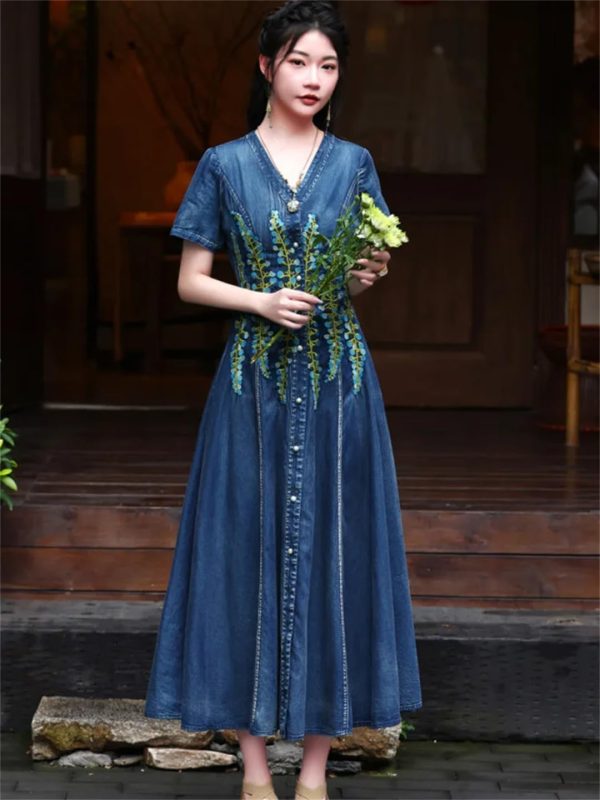 61XzIfSJxXL.jpg Women High Waisted Long A-Line Dress Embroidery Floral Vintage Cardigan Single Breasted Denim Dress