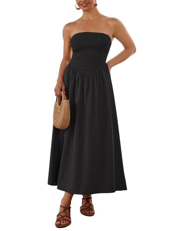 Women's Summer Strapless Midi Sundress Tube Off Shoulder Ruffle Flowy A Line Long Beach Vacation Dresses