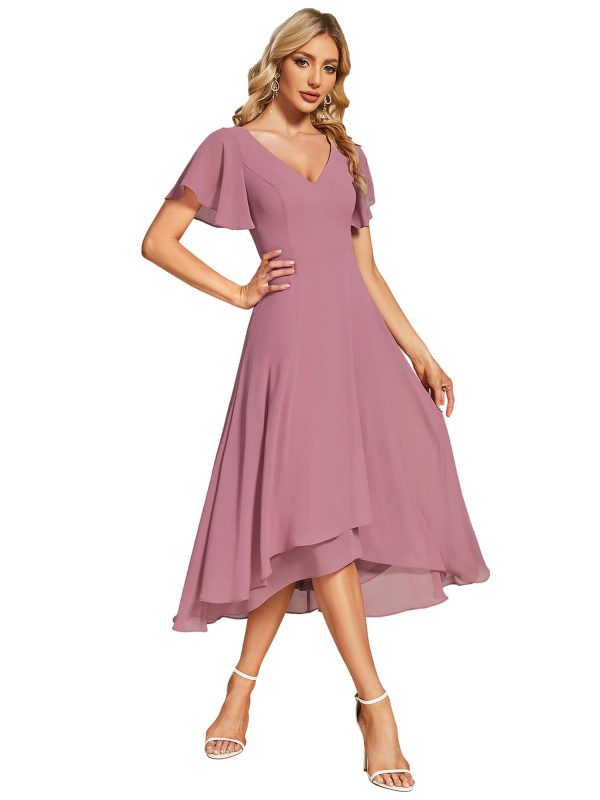 61Y56JSbHL.jpg Women's V Neck Ruffle Sleeves Irregular Chiffon A-Line Midi Wedding Guest Dresses 01756