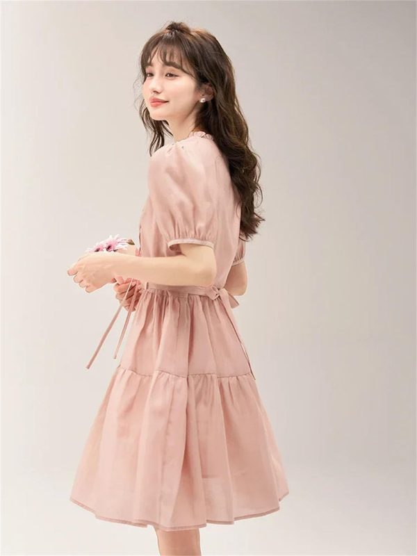 61Y8Xxd2JJL.jpg Women Puff Sleeve V-Neck Lace-Up A-LINE Knee-Length Slim Fit Dresses