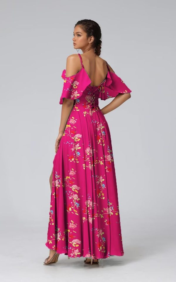 Women's Bridesmaid Dresses 2025 for Wedding Long Cold Shoulder Vintage Flower Print Summer Chiffon Dresses