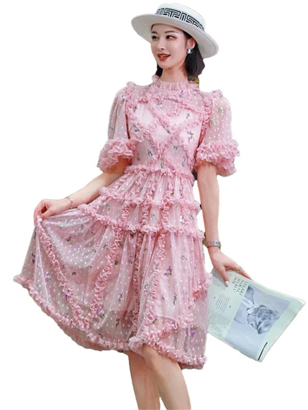61YmHkVxgxL.jpg Women Embroidered Ruffle Summer Dress Light Short Sleeve Temperament Flower Dress