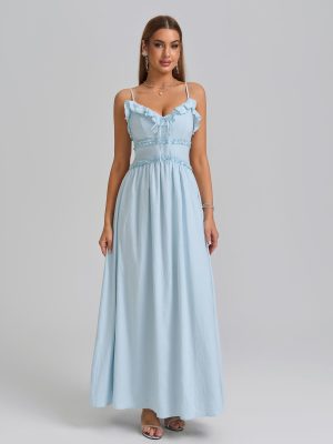 Summer Casual Maxi Sundress Ruffle V Neck Spaghetti Strap Boho Flowy Beach Vacation Long Dresses for Women 2025