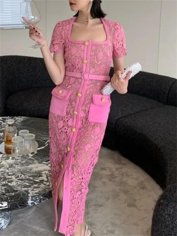 Women Vintage Pink Lace Square Neck Gold Button Lace Hollow Out Fragrance Dress