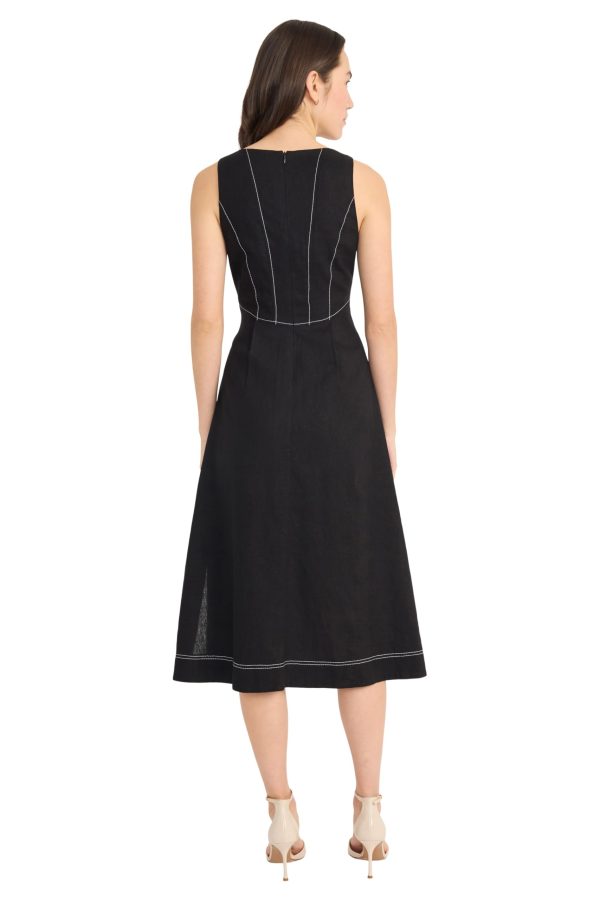 Women's Square Neck Midi Linen Rayon A-line Sleeveless Tailored Summer Wedding Guest Cocktail Dress