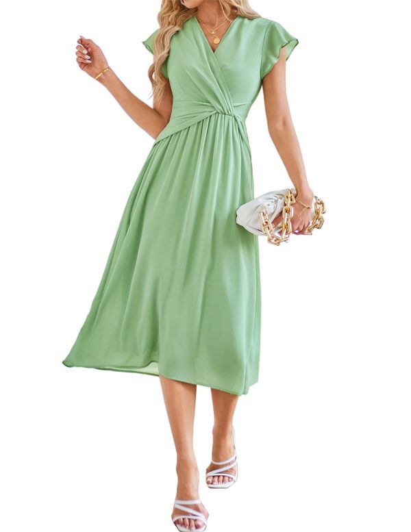 61a7HfEYamL.jpg Womens Dresses Ruffle Short Sleeves Empire Waist Elastic V-Neck A-Line Maxi Dress Light Green & Wine Red 2 Sets
