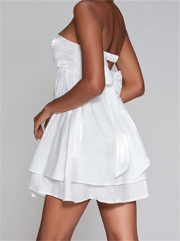 61aKOd0q7lL.jpg Women Tube Dresses Solid Color Strapless Off Shoulder Ruched High Waist Mini A-Line Dress