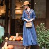 Women V-Neck Embroidery Flower Pockets Single Breasted Cardigan A-Line Vintage Slim Blue Denim Dress