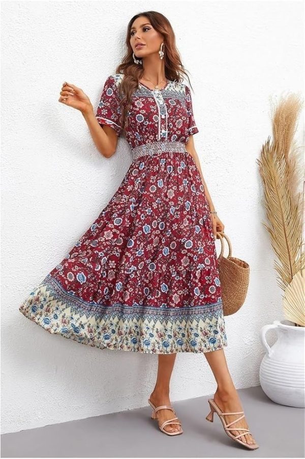 61asan0fqZL.jpg Boho Floral Maxi Women Summer Short Sleeve High Waist A Line Long Beach Dress Lightweight Casual Vacation Skirt