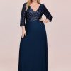Women's Plus Size V-Neck Sparkle Sequins Chiffon 3/4 Sleevess Formal Dresses 0751-PZ