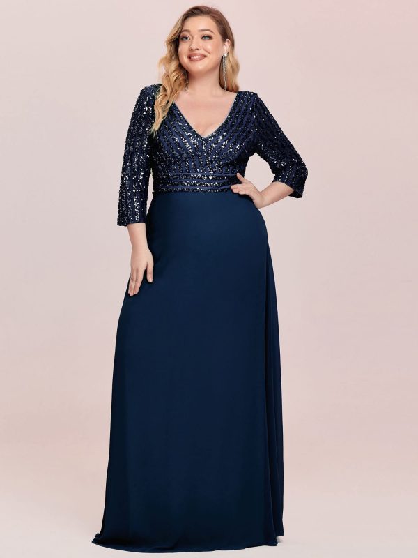 Women's Plus Size V-Neck Sparkle Sequins Chiffon 3/4 Sleevess Formal Dresses 0751-PZ