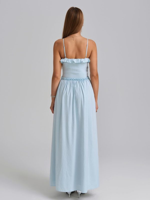 Summer Casual Maxi Sundress Ruffle V Neck Spaghetti Strap Boho Flowy Beach Vacation Long Dresses for Women 2025