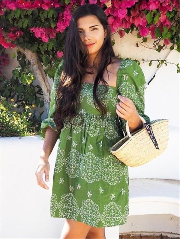 61cquv1JZFL.jpg Boho Puff Sleeve Mini Dress Women Embroidery Hollow Out Casual Loose Short Beach Dress Lightweight Summer