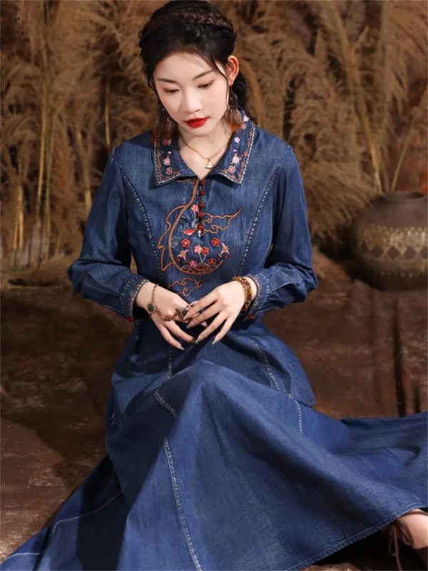 61dFCrj4EjL.jpg Women Turn-Down Collar Embroidery Split Joint A-Line Jeans Dress Chinese Long Denim Dress