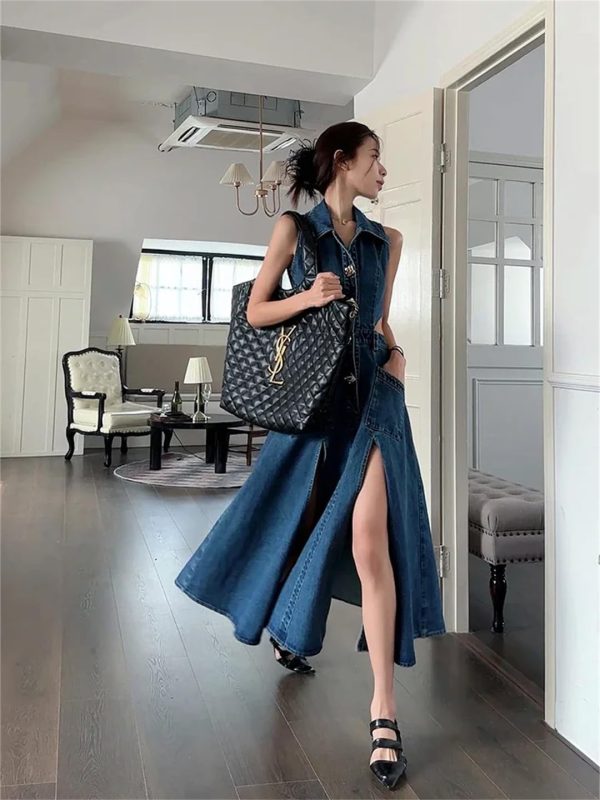 61dT7NsdCFL.jpg Women Elegant One-Piece with Slit Cut-Out Blue Jean Sundress Sleeveless Denim Dress