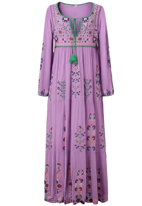 61dyWhPLLwL.jpg Women's Boho Embroidery Long-Sleeved Floral V Neck Holiday Maxi Dresses