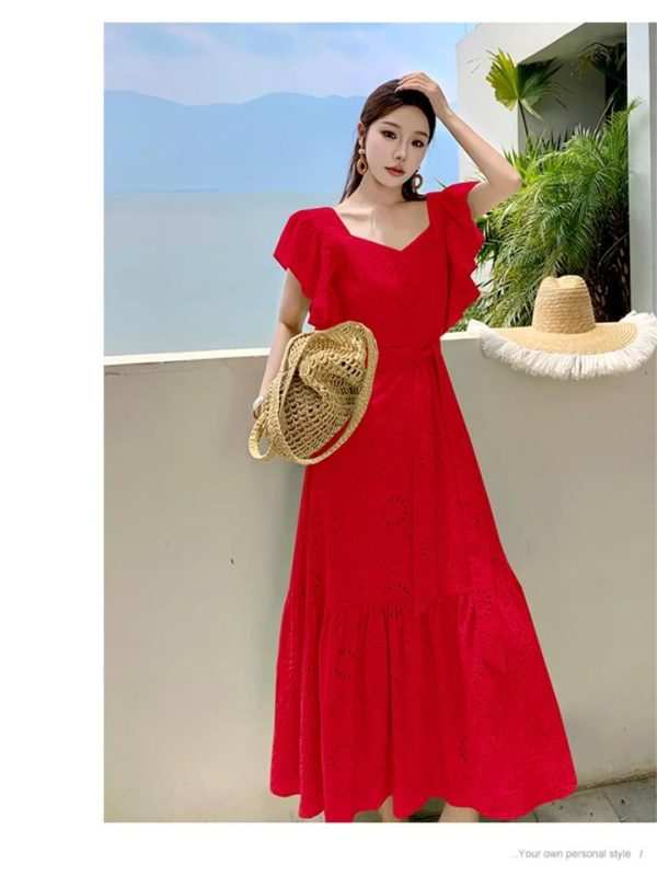 Women's Summer Hollow Out Embroidery Flower Dress Sexy V Neck Flying Sleeve Vacation Long Dress