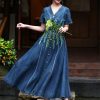 Women High Waisted Long A-Line Dress Embroidery Floral Vintage Cardigan Single Breasted Denim Dress