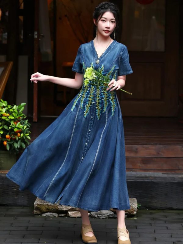 61f6t9clX5L.jpg Women High Waisted Long A-Line Dress Embroidery Floral Vintage Cardigan Single Breasted Denim Dress