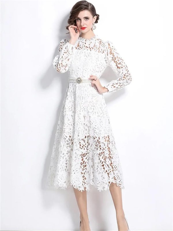 61fKGSUc7L.jpg Womens Water-Soluble Lace Embroidery Hollow Flower Dress Full Sleeve Vacation Long Dress