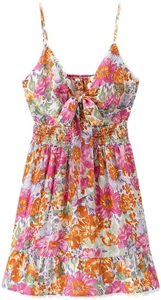 61fTV8R8xoL.jpg Front Knotted Floral Print Slip Dress Women V Neck Spaghetti Straps Elastic Waist A Line Short Summer Skirt