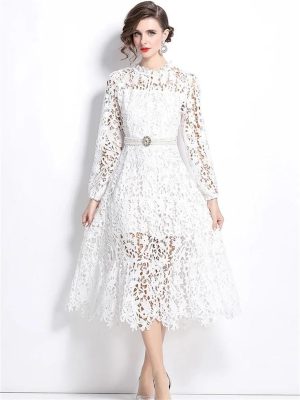 Womens Water-Soluble Lace Embroidery Hollow Flower Dress Full Sleeve Vacation Long Dress