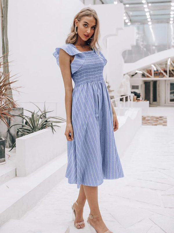 Womens Casual Summer Midi Dress Short Sleeve Smocked Linen Dresses 2025 Boho Beach Wedding Guest Dress with Pockets