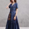 Women Vintage Short Sleeve Single Breasted Embroidery Floral Retro Dresses V-Neck A-Line Pleated Dress