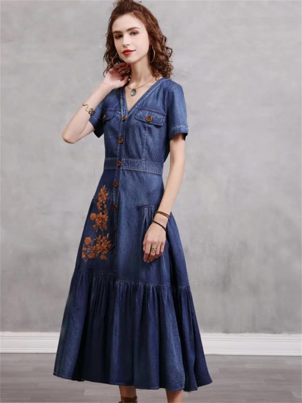 Women Vintage Short Sleeve Single Breasted Embroidery Floral Retro Dresses V-Neck A-Line Pleated Dress