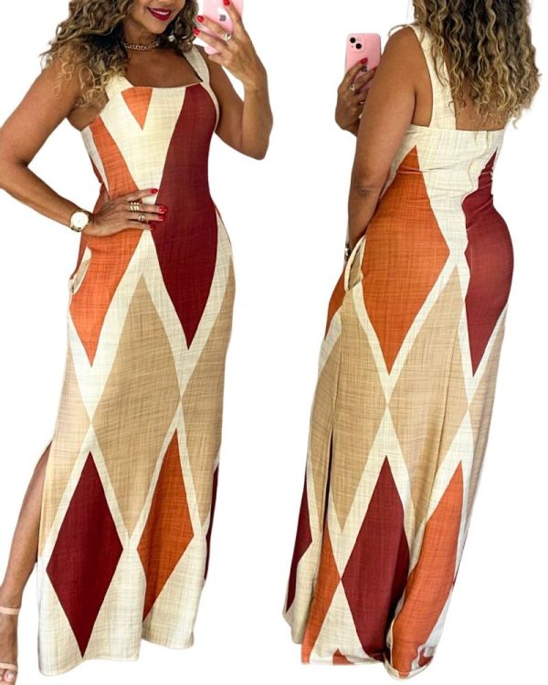 CHICME Women's Summer Maxi Dress Casual Thick Strap Square Neck Boho Sundress Split Travel Vacation Dresses with Pockets