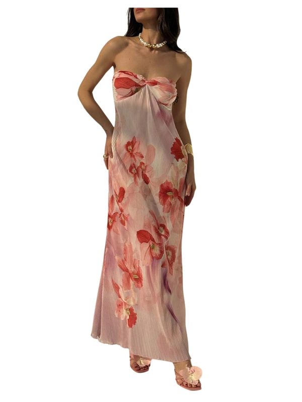 Women's Summer Floral Tube Dress Twist Front Strapless Vacation Beach Dresses Maxi Dress