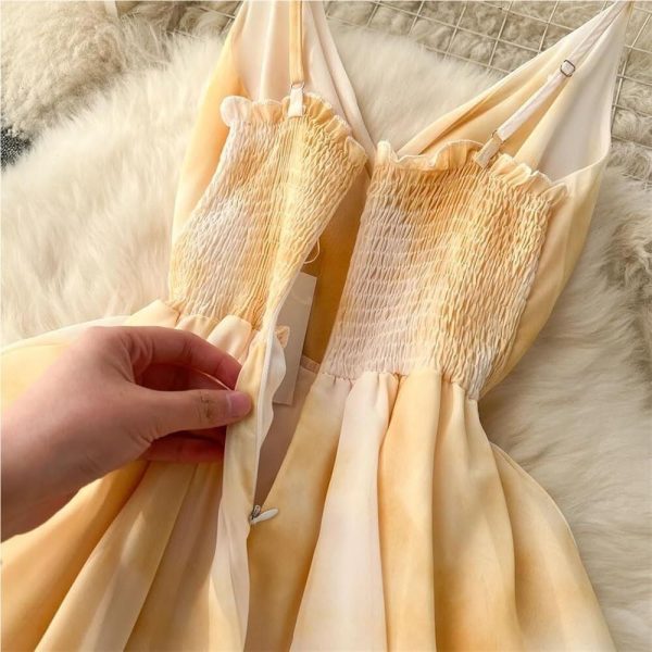 61hFsRQ9NmL.jpg Tie-Dye Chiffon Dress Women Long Spaghetti Strap Backless Ruffles Tiered Yellow Summer Beach Party Maxi Dress