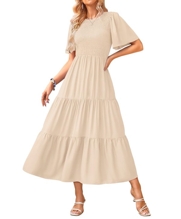 61hcvW70bGL.jpg Womens Fashion 2025 Spring Summer Casual Flutter Short Sleeve Midi Dress Smocked Tiered Aline Going Out Dresses