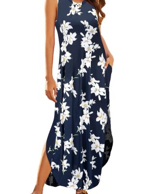 Women's Casual Summer Sleeveless Dress Loose Split Maxi Dresses with Pockets