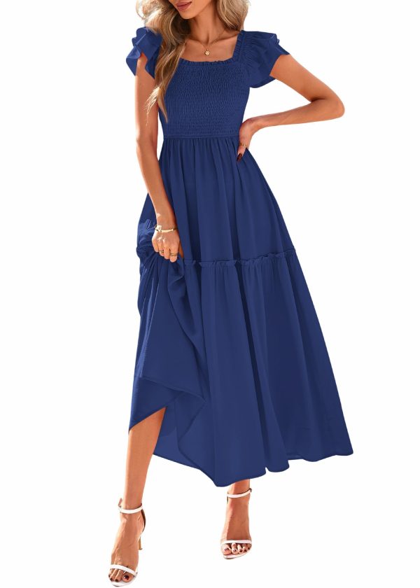 61iOt-ypbpL.jpg Womens Summer Wedding Guest Dress 2025 Smocked Ruffle Flutter Short Sleeve Square Neck Flowy Tiered Midi Sundress