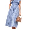 Womens Casual Summer Midi Dress Short Sleeve Smocked Linen Dresses 2025 Boho Beach Wedding Guest Dress with Pockets