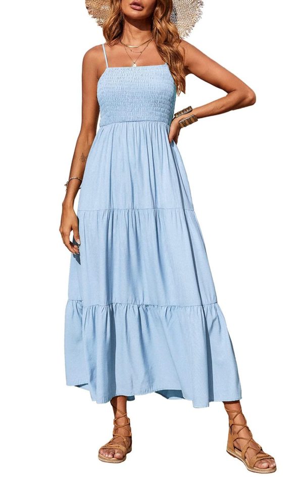 61jjPKxDNlL.jpg Women's Summer Maxi Dress 2025 Casual Boho Sleeveless Spaghetti Strap Smocked Tiered Long Beach Sundresses