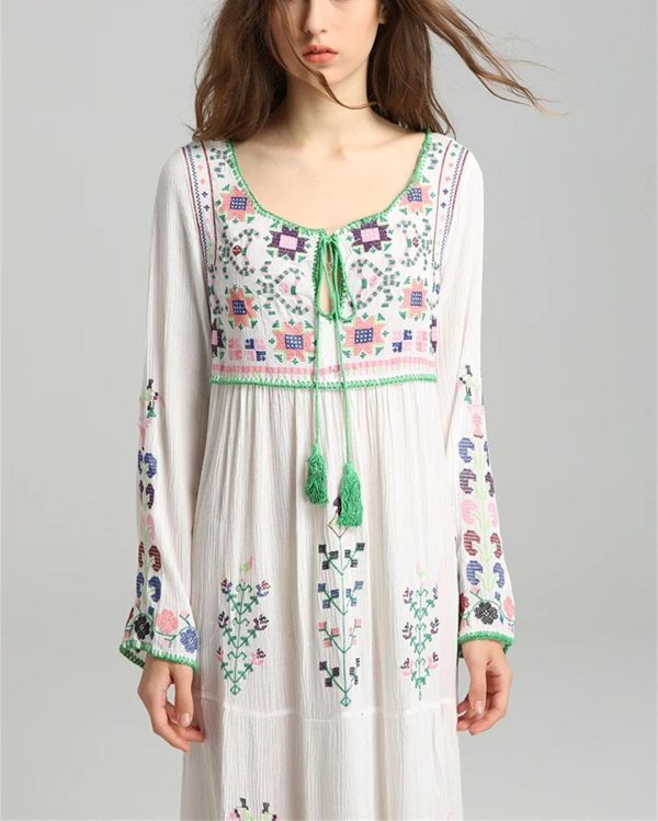 61jmuSAXnJL.jpg Women's Boho Embroidery Long-Sleeved Floral V Neck Holiday Maxi Dresses