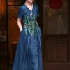 Women High Waisted Long A-Line Dress Embroidery Floral Vintage Cardigan Single Breasted Denim Dress