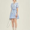 Women French Retro Striped Dress Round Neck Lace-Up Waist Tie Bubble Sleeve Elegant Dresses