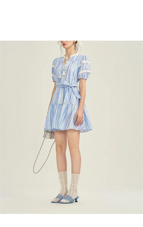 Women French Retro Striped Dress Round Neck Lace-Up Waist Tie Bubble Sleeve Elegant Dresses