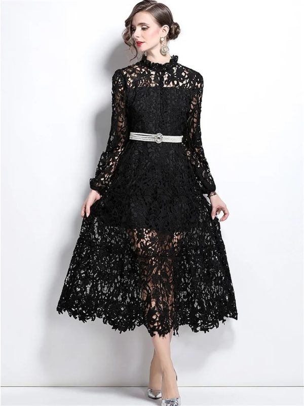 61lCJi5g-xL.jpg Womens Water-Soluble Lace Embroidery Hollow Flower Dress Full Sleeve Vacation Long Dress