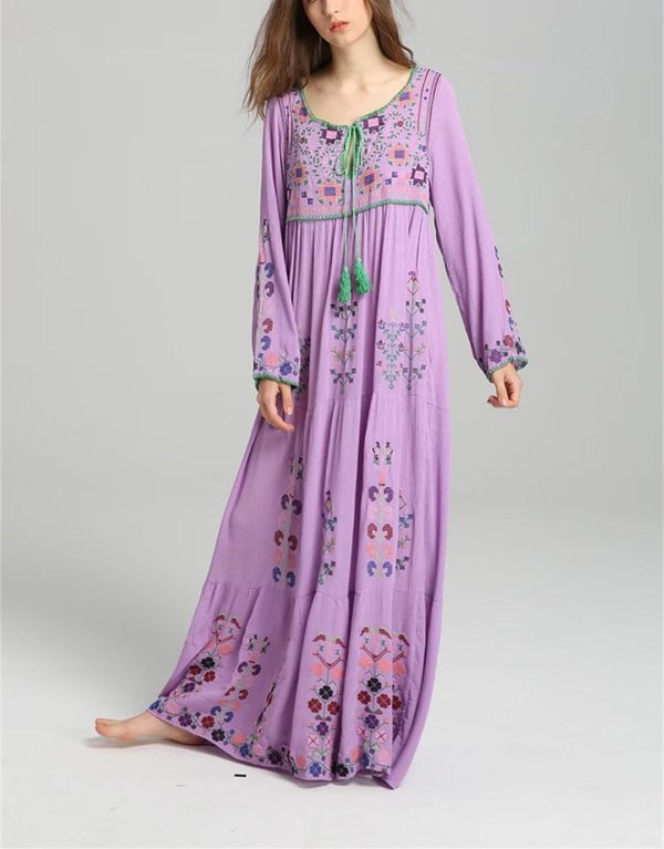 61mLhWZAQSL.jpg Women's Boho Embroidery Long-Sleeved Floral V Neck Holiday Maxi Dresses