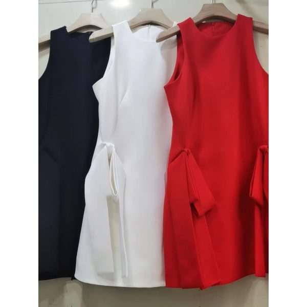 61mzBl23AXL.jpg Women’s O-Neck Slimming Bowknot Mini Dress, Sleeveless High Waist Patchwork Designer Casual Summer Dress