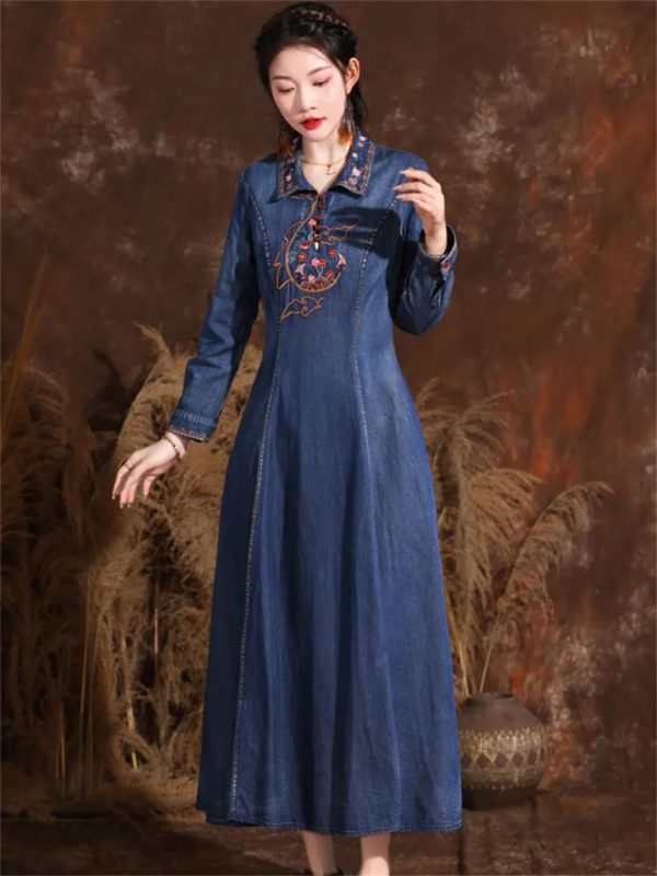 61nA7rF6raL.jpg Women Turn-Down Collar Embroidery Split Joint A-Line Jeans Dress Chinese Long Denim Dress