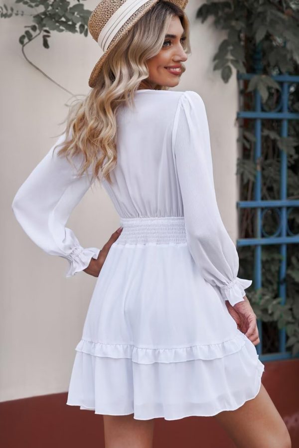 61nV8dLqKUL.jpg Womens Casual Spring Summer 2025 Deep V Neck Knotted Tiered Chiffon Elegant Mini Short Swing Skater Dresses