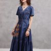 Women Vintage Short Sleeve Single Breasted Embroidery Floral Retro Dresses V-Neck A-Line Pleated Dress