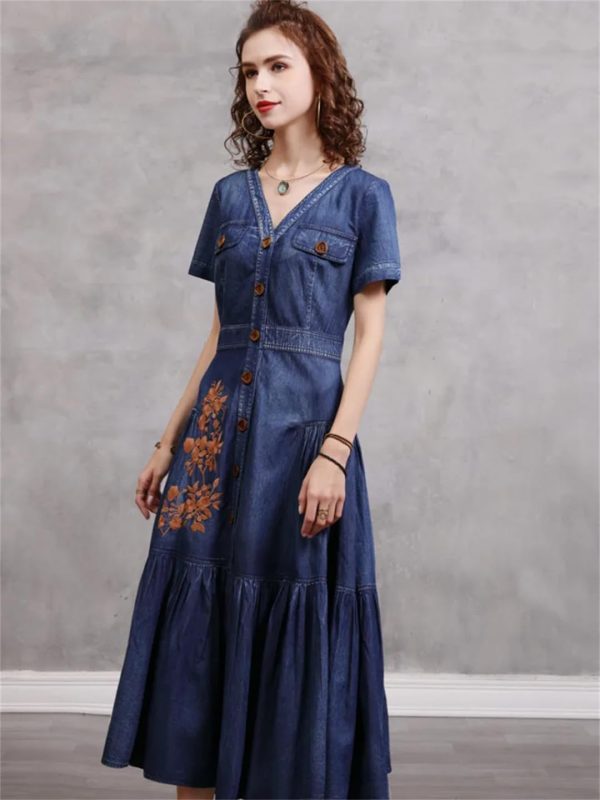 Women Vintage Short Sleeve Single Breasted Embroidery Floral Retro Dresses V-Neck A-Line Pleated Dress