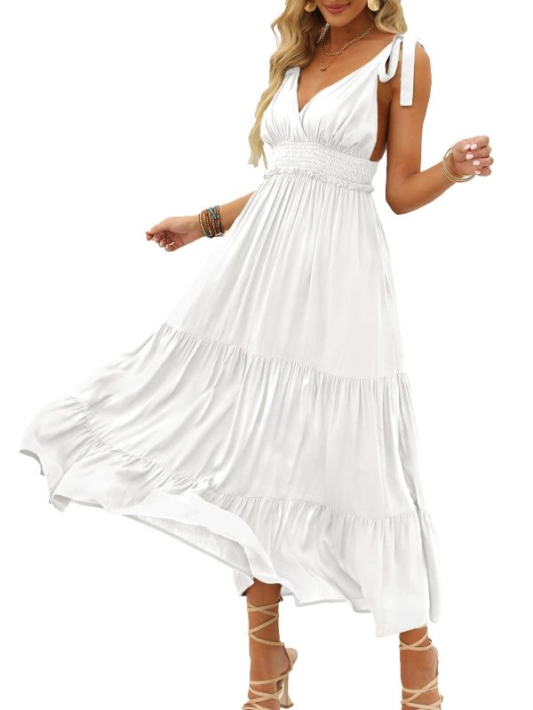 61onNHbVT4L.jpg Women's Summer V Neck Tie Strap Maxi Dress Halter Ruffle Hem Long Dresses Spaghetti Strap Long Flowy Dresses