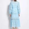 61pj-u9xBDL.jpg Women Solid Hollow Out Embroidery Dress V Neck Full Sleeve Spliced Lace Up Elegant Dress